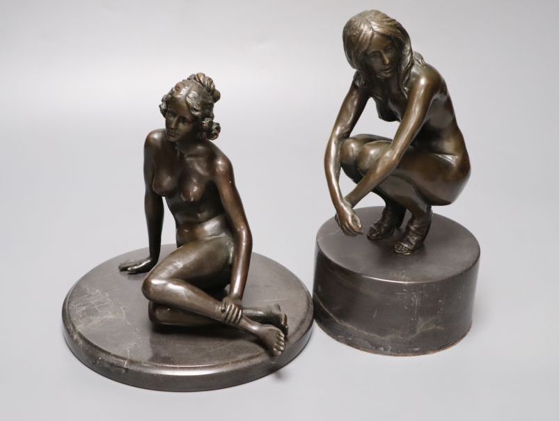 Two modern French bronzes of seated nudes on marble plinths, tallest 22cm